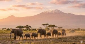 How to get to Amboseli National Park in Kenya with Mount Kilimanjaro behind elephants